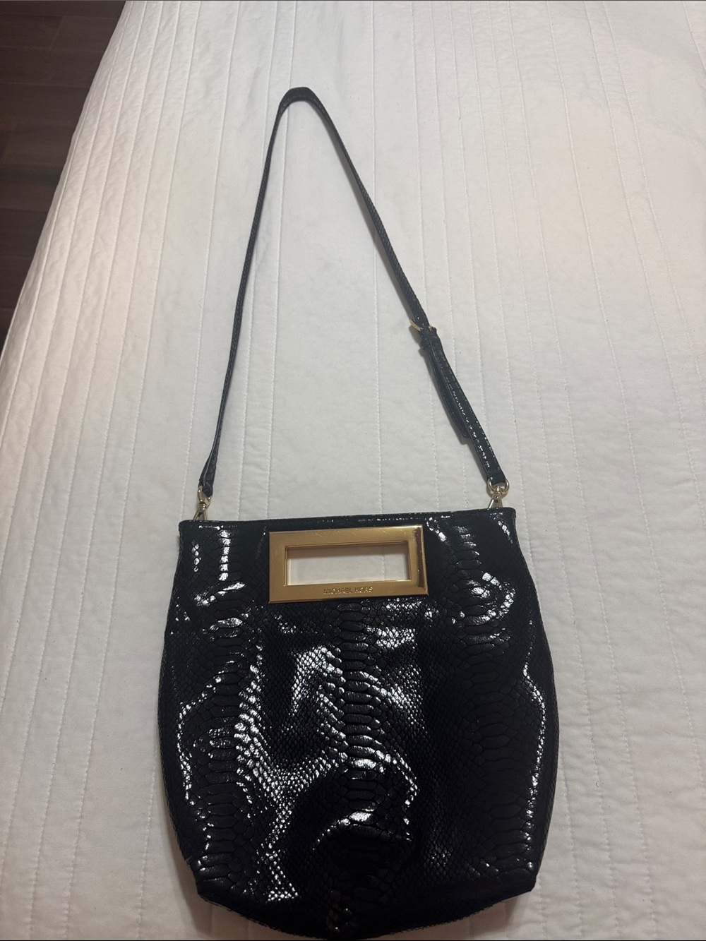 Michael Kors Black Patent Shoulder Bag with Gold-Tone Handle Frame